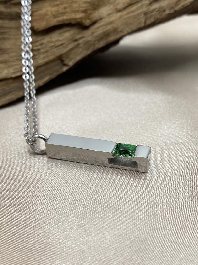 Green Birthstone Bar Cremation Necklace – Silver Memorial Urn Jewelry for Ashes