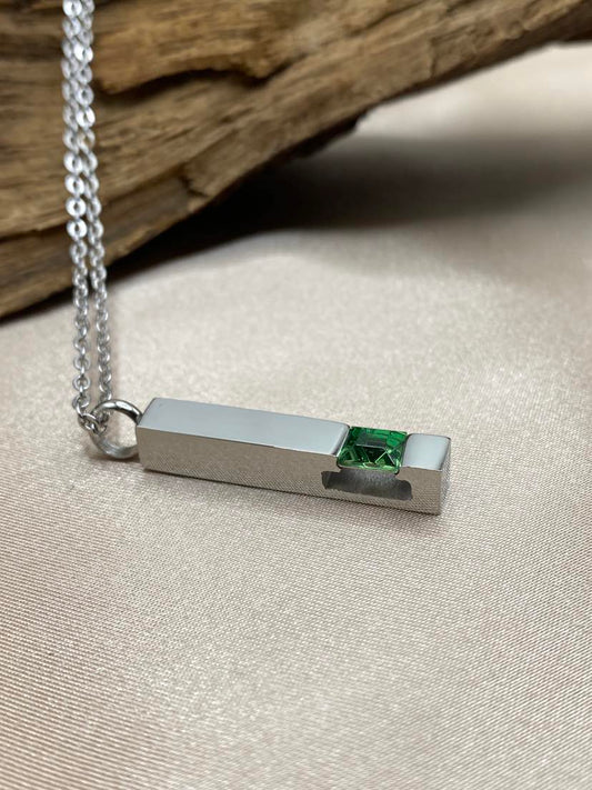Green Birthstone Bar Cremation Necklace – Silver Memorial Urn Jewelry for Ashes