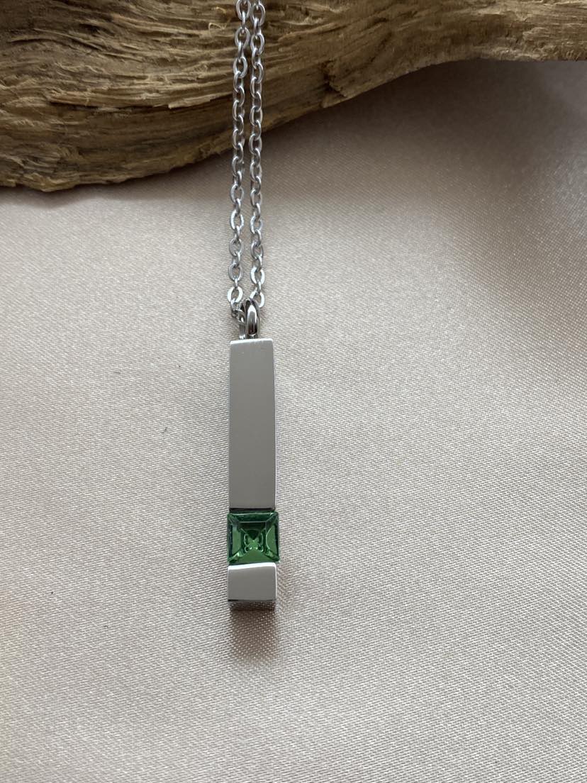 Green Birthstone Bar Cremation Necklace – Silver Memorial Urn Jewelry for Ashes