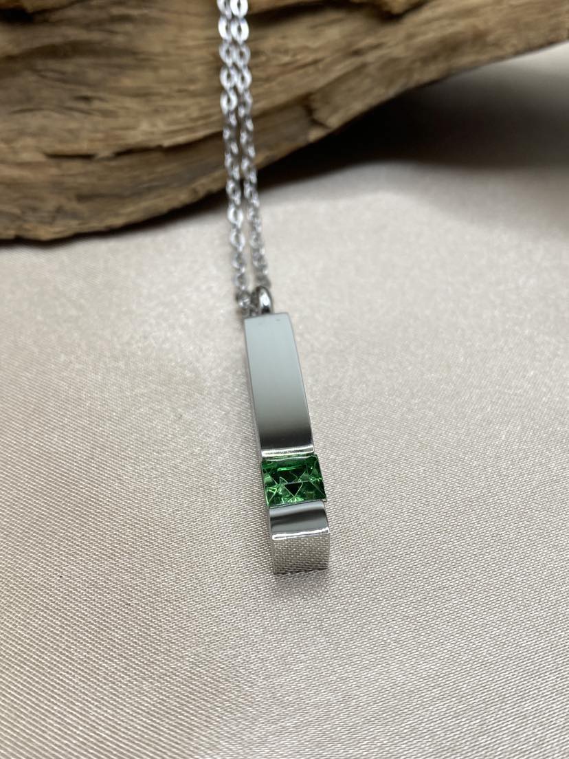 Green Birthstone Bar Cremation Necklace – Silver Memorial Urn Jewelry for Ashes
