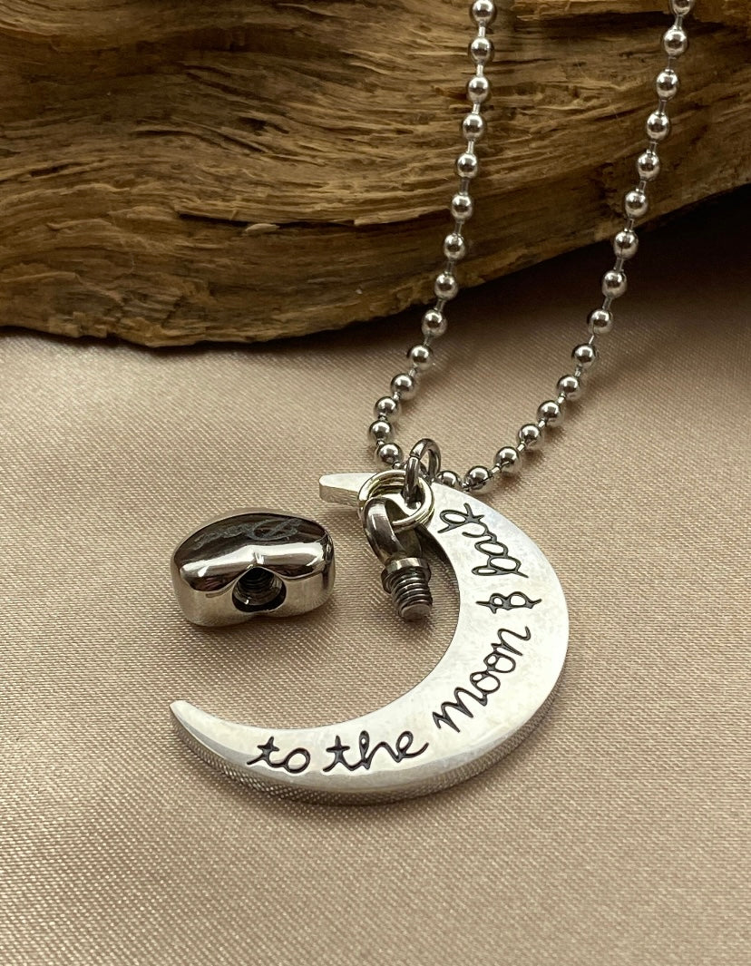 Silver Crescent Moon Cremation Necklace – Heart Urn Pendant with “Dad” Engraving, Memorial Jewelry for Loss of Father