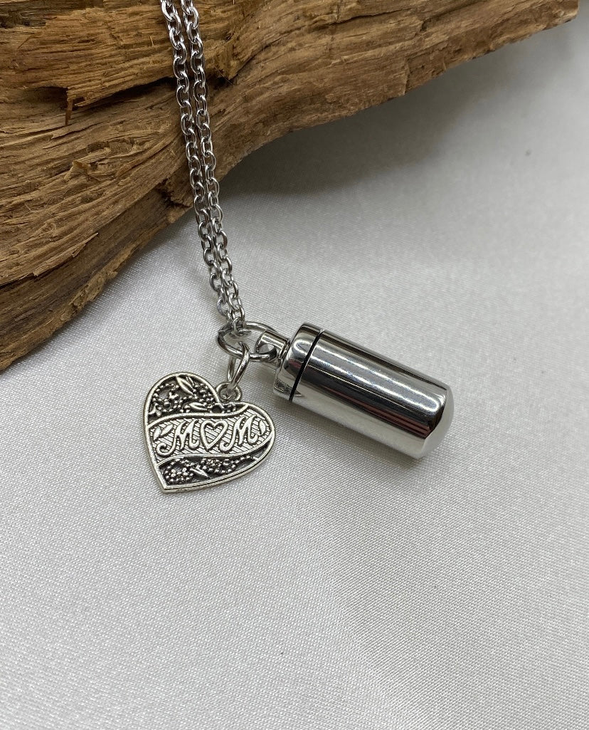 Cylinder Urn Necklace – Heart “Mom” Charm Memorial Jewelry for Ashes