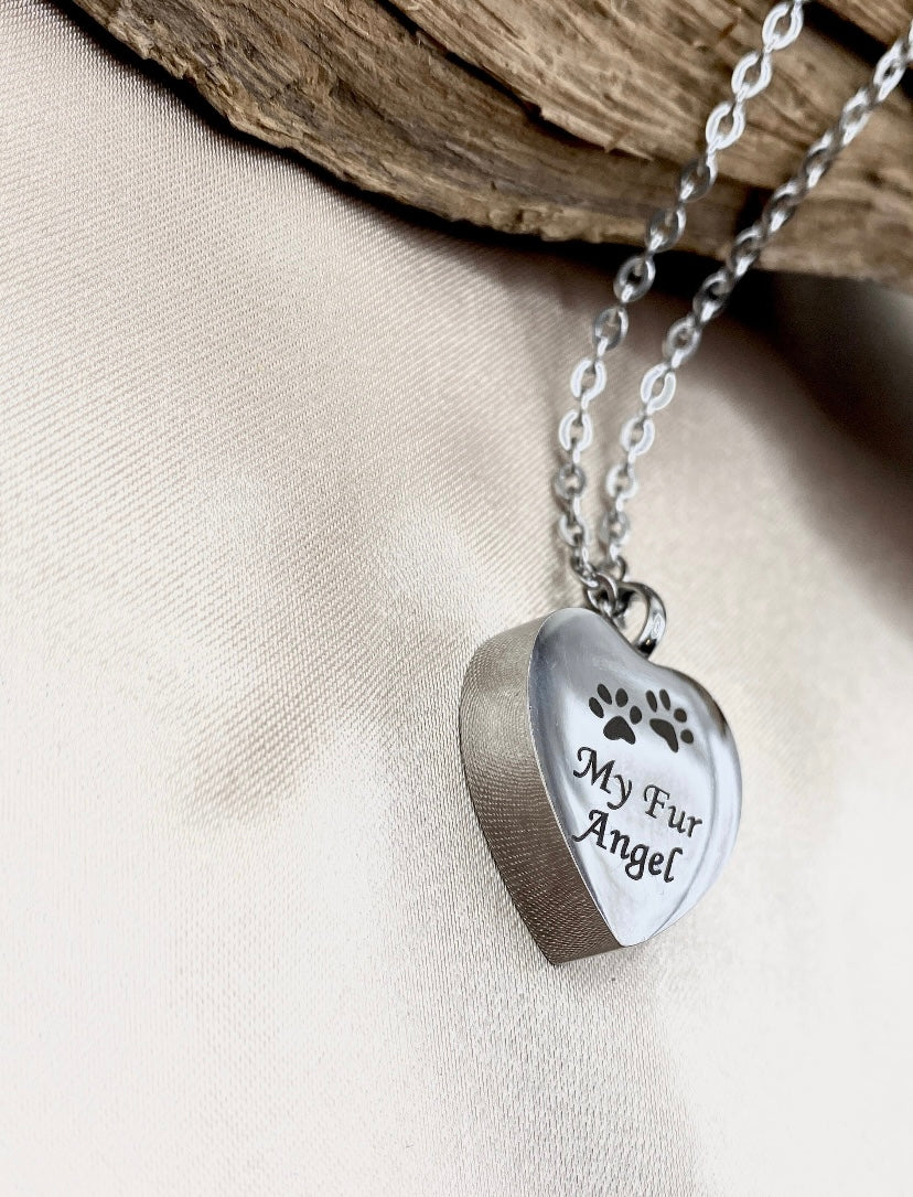 Personalized Heart Shaped Pet Cremation Locket – Engraved Paw Print & “My Fur Angel” Memorial Necklace