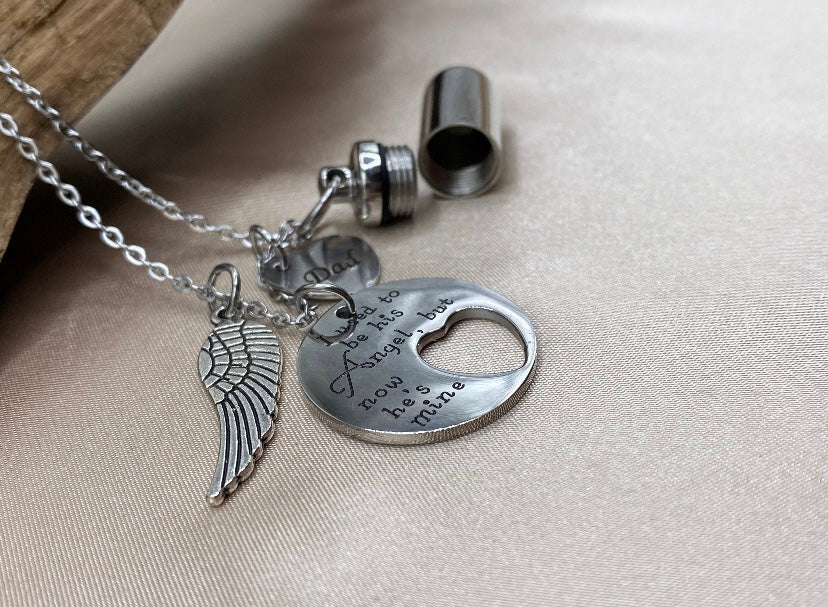 Cylinder Urn Necklace for Dad – “I Used to Be His Angel But Now He’s Mine” Charm with Engraved Angel Wing, Loss of Father Cremation Jewelry