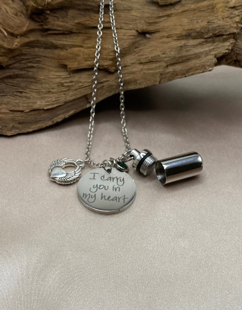 Angel Wing Cylinder Cremation Necklace – Personalized Memorial Urn for Ashes of Pet or Loved One