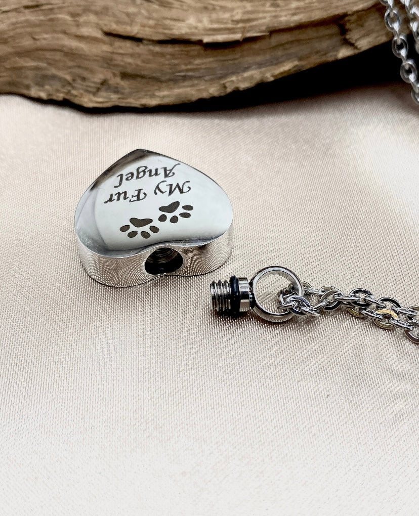Personalized Heart Shaped Pet Cremation Locket – Engraved Paw Print & “My Fur Angel” Memorial Necklace