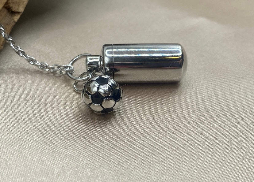 Cylinder Urn Necklace – Soccer Ball Charm Memorial Jewelry for Ashes