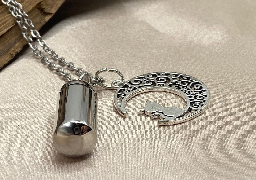Cylinder Urn Necklace – Cat & Crescent Moon Charm Pet Memorial Jewelry
