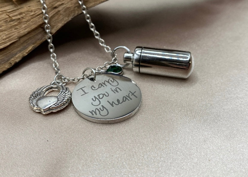 Angel Wing Cylinder Cremation Necklace – Personalized Memorial Urn for Ashes of Pet or Loved One