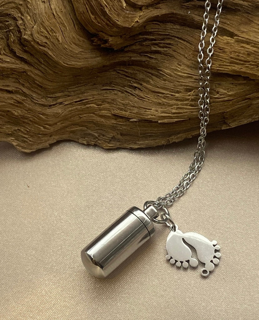 Silver Cylinder Baby Urn Necklace – Baby Feet Charm Memorial Jewelry