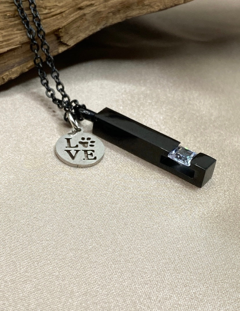 Black Bar Cremation Necklace with Rhinestone – Pet Memorial Urn Jewelry with Paw Print “Love” Charm