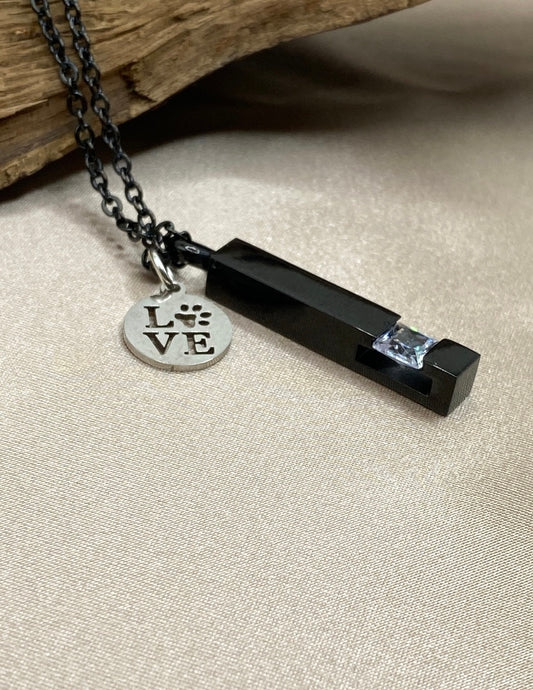 Black Bar Cremation Necklace with Rhinestone – Pet Memorial Urn Jewelry with Paw Print “Love” Charm