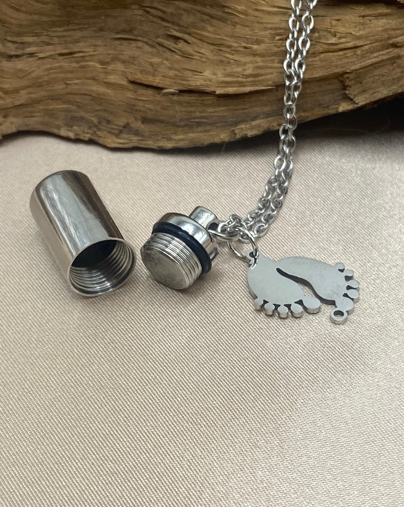 Silver Cylinder Baby Urn Necklace – Baby Feet Charm Memorial Jewelry