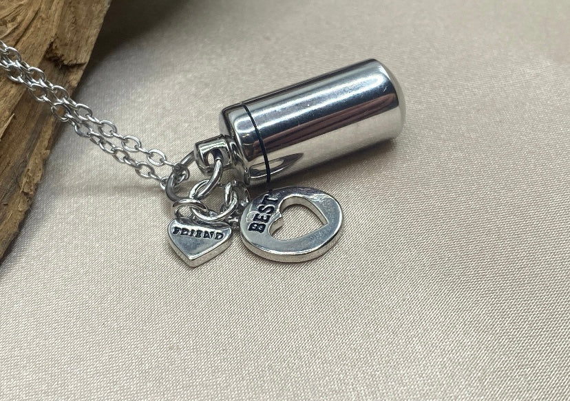 Cylinder Pet Urn Necklace – Dog Bone & Heart Charms, Ashes Keepsake