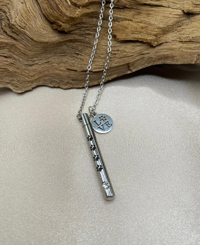 Pet Cremation Necklace – Cylinder Ash Holder with Engraved Paw Print & “Love” Charm, Memorial Jewelry for Pet Loss