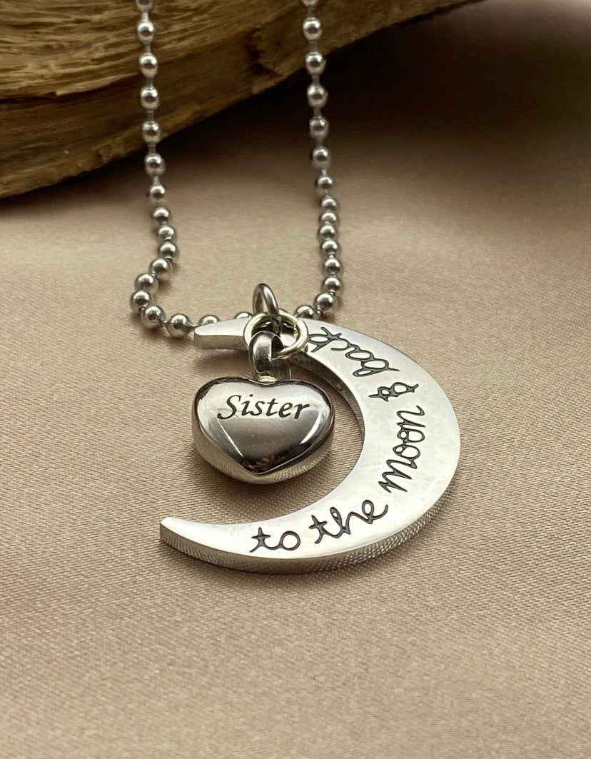 Silver Crescent Moon Cremation Necklace – Memorial Jewelry for Loss of Sister, Ash Pendant