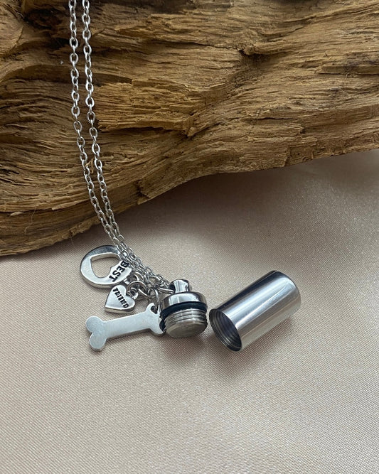 Cylinder Pet Urn Necklace – Dog Bone & Heart Charms, Ashes Keepsake