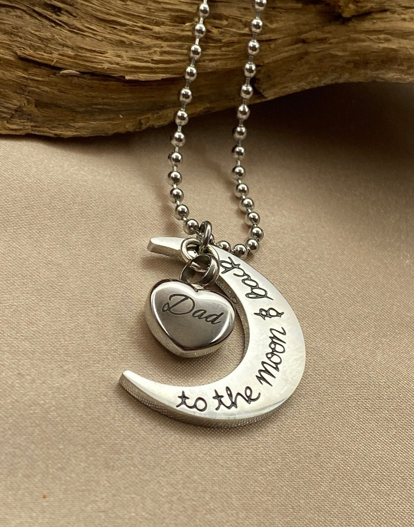 Silver Crescent Moon Cremation Necklace – Heart Urn Pendant with “Dad” Engraving, Memorial Jewelry for Loss of Father
