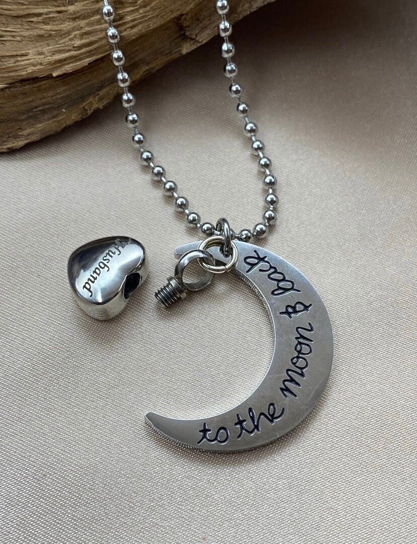 Heart & Crescent Moon Cremation Necklace – “Husband” Engraving with “I Love You to the Moon and Back” Charm, Memorial Jewelry for Loss of Husband