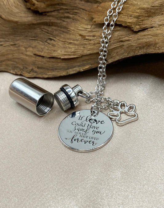 Engravable Paw Print Cylinder Cremation Necklace – Pet Memorial Jewelry for Ashes, Pet Loss Gift
