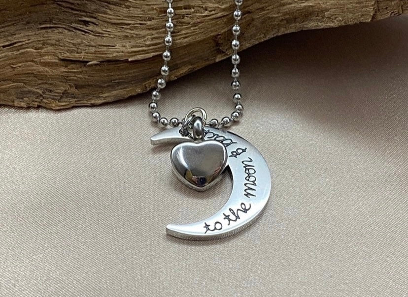 Heart & Crescent Moon Cremation Necklace – “Husband” Engraving with “I Love You to the Moon and Back” Charm, Memorial Jewelry for Loss of Husband