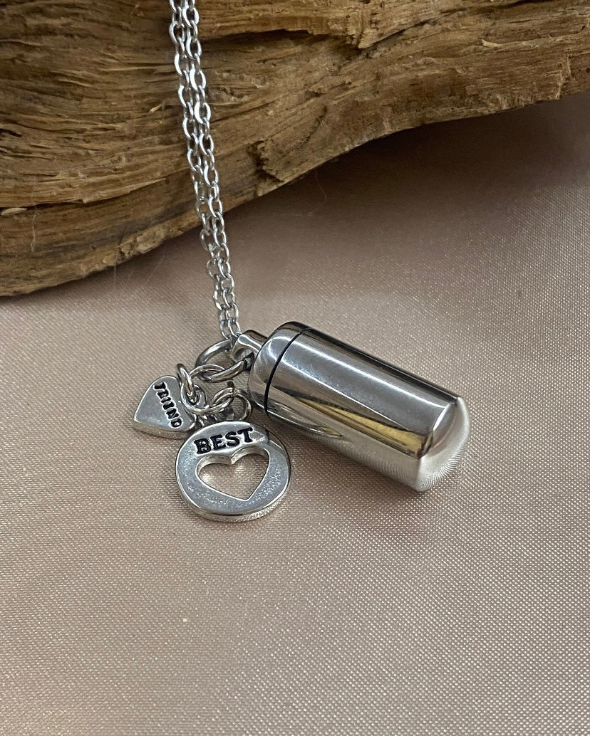 Cylinder Pet Urn Necklace – Dog Bone & Heart Charms, Ashes Keepsake
