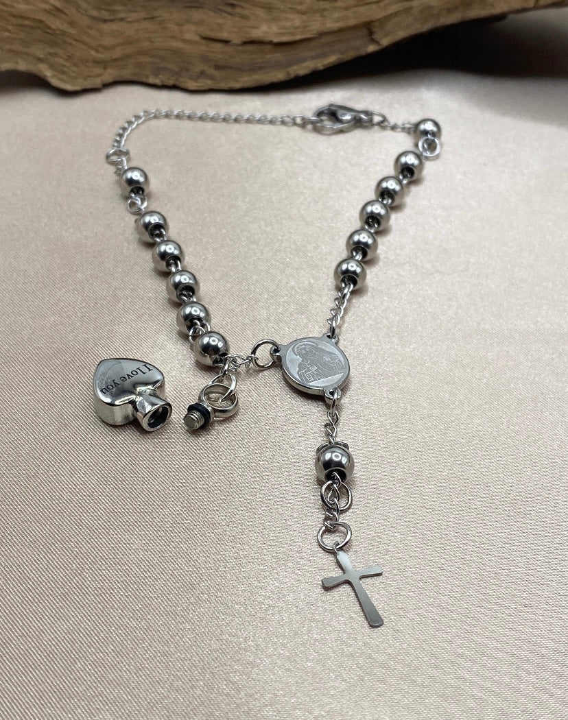 Heart Urn Rosary Bracelet – “I Love You” Charm Memorial Jewelry for Ashes
