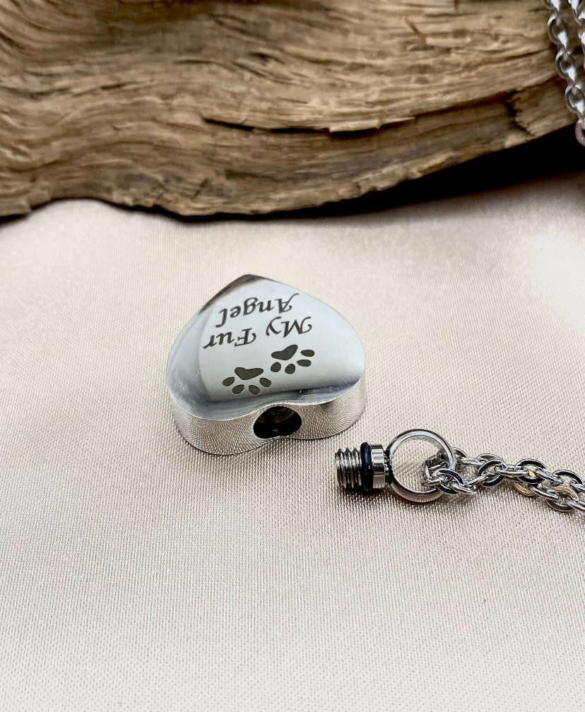 Personalized Heart Shaped Pet Cremation Locket – Engraved Paw Print & “My Fur Angel” Memorial Necklace