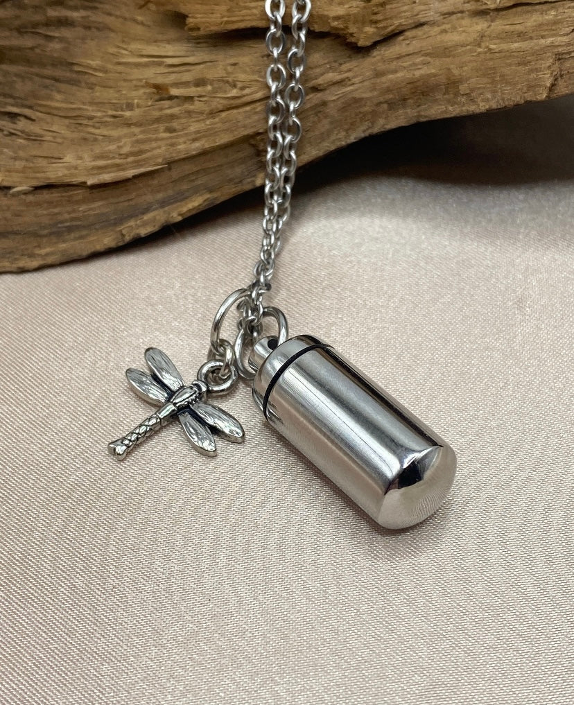 Silver Cylinder Urn Necklace – Dragonfly Charm Memorial Jewelry for Women