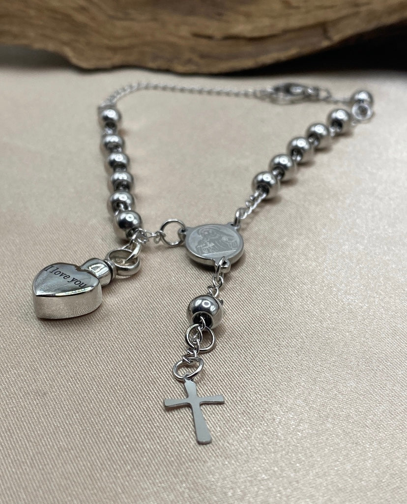 Heart Urn Rosary Bracelet – “I Love You” Charm Memorial Jewelry for Ashes
