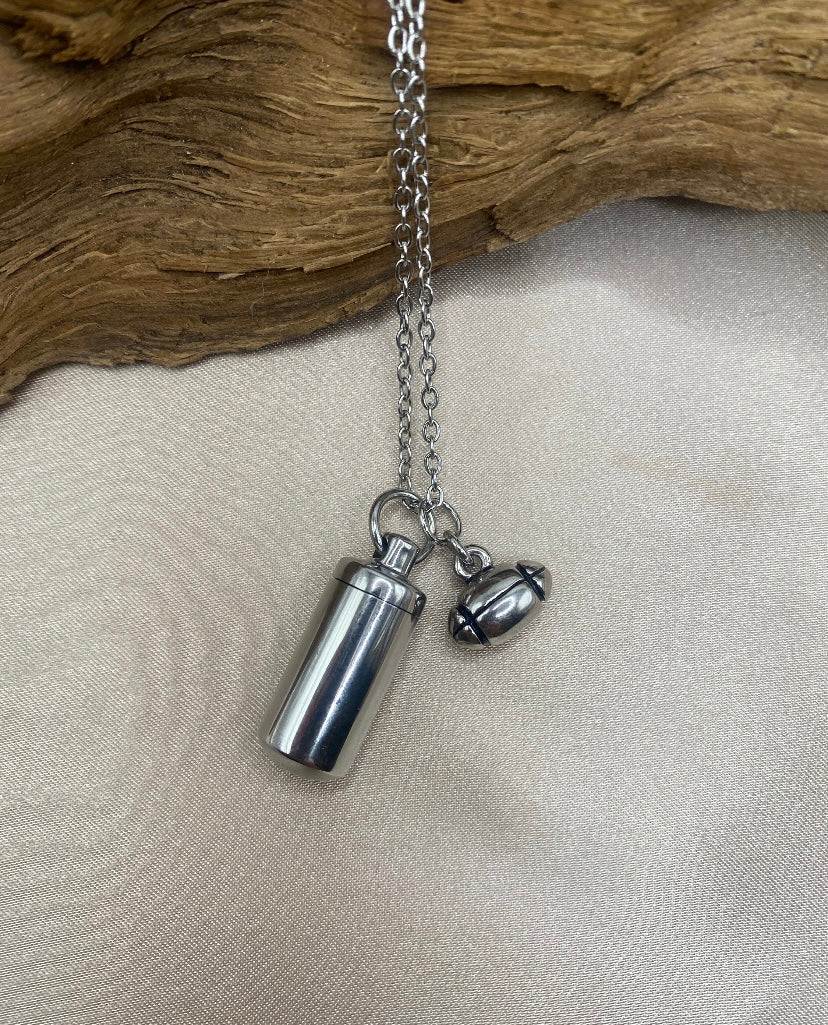 Football Charm Cylinder Urn Necklace – Personalized Memorial Jewelry