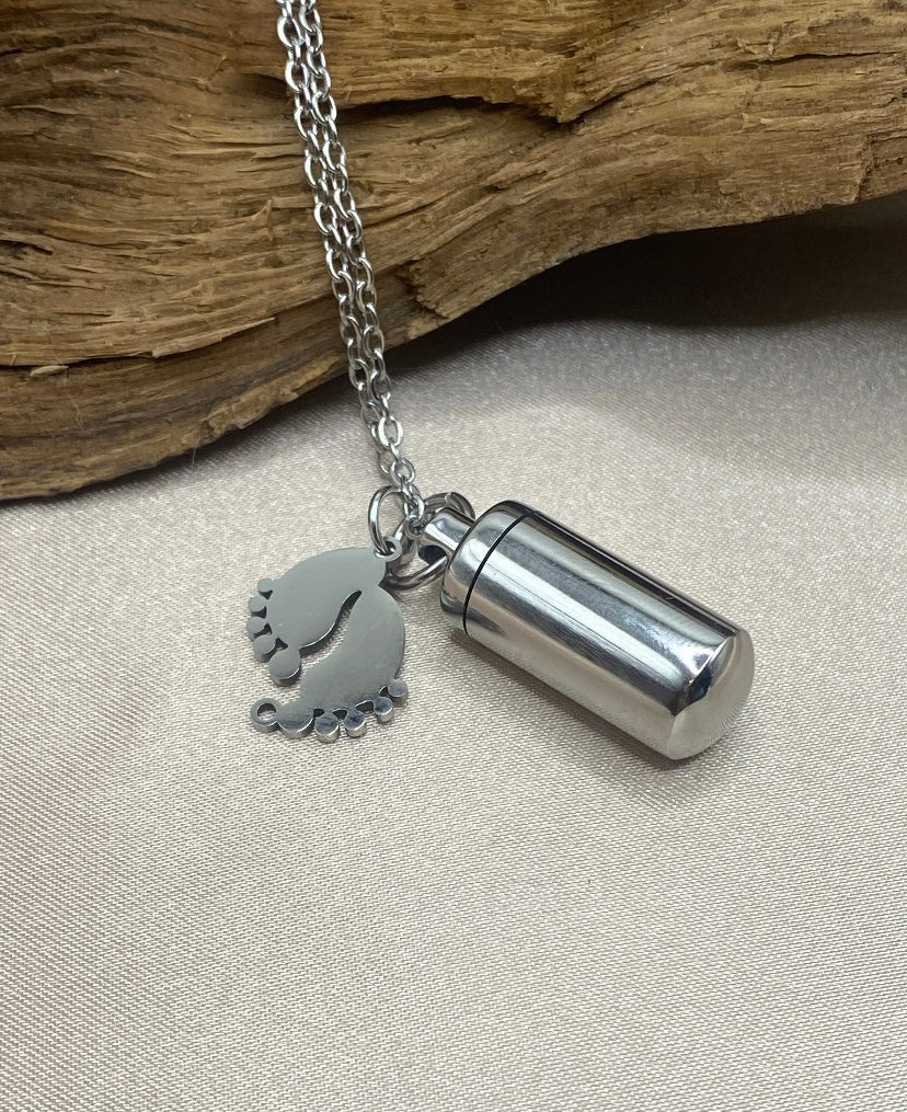 Silver Cylinder Baby Urn Necklace – Baby Feet Charm Memorial Jewelry
