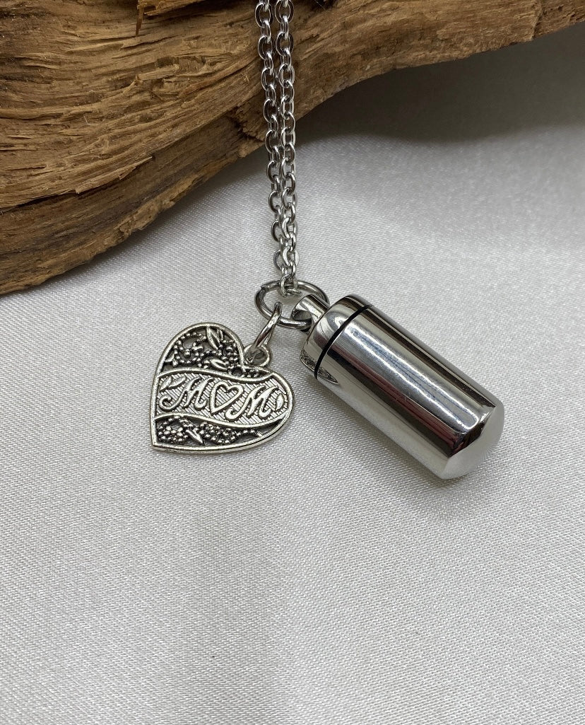 Cylinder Urn Necklace – Heart “Mom” Charm Memorial Jewelry for Ashes