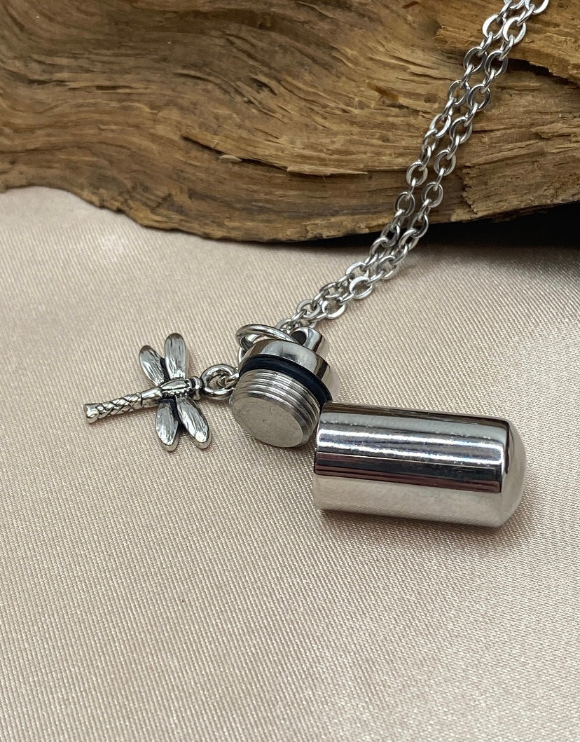 Silver Cylinder Urn Necklace – Dragonfly Charm Memorial Jewelry for Women