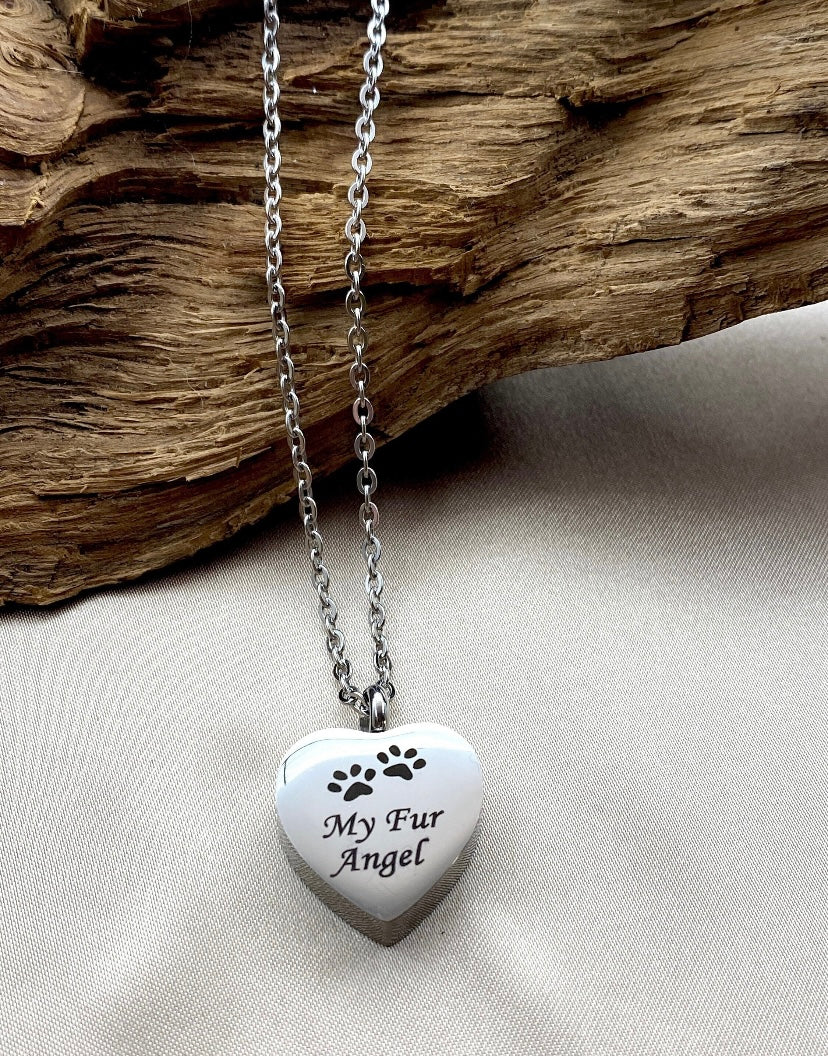 Personalized Heart Shaped Pet Cremation Locket – Engraved Paw Print & “My Fur Angel” Memorial Necklace