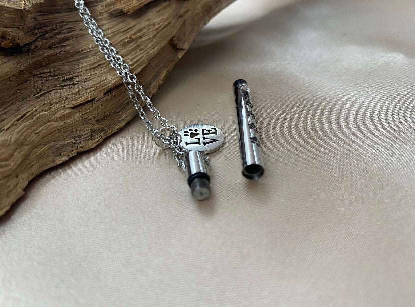 Pet Cremation Necklace – Cylinder Ash Holder with Engraved Paw Print & “Love” Charm, Memorial Jewelry for Pet Loss
