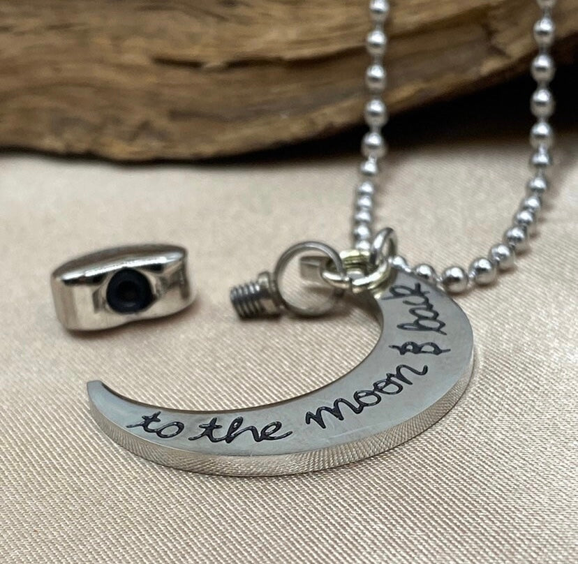 Silver Crescent Moon Cremation Necklace – Memorial Jewelry for Loss of Mother, Ash Pendant