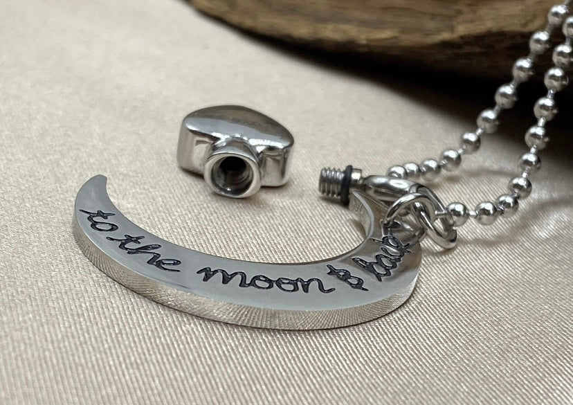 Heart & Crescent Moon Cremation Necklace – “Husband” Engraving with “I Love You to the Moon and Back” Charm, Memorial Jewelry for Loss of Husband