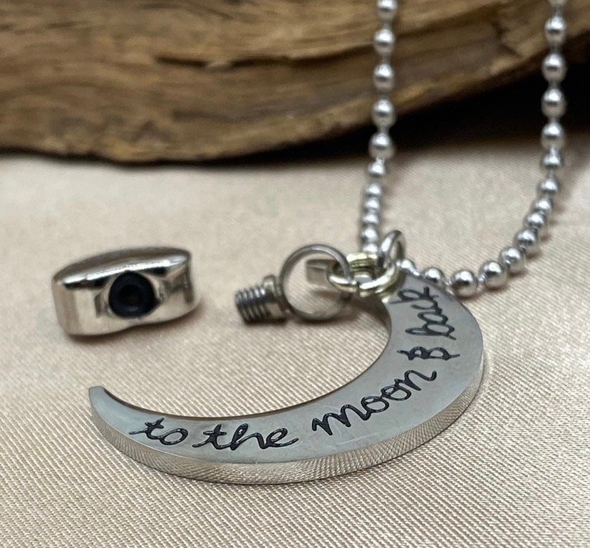 Heart & Crescent Moon Cremation Necklace – “Husband” Engraving with “I Love You to the Moon and Back” Charm, Memorial Jewelry for Loss of Husband