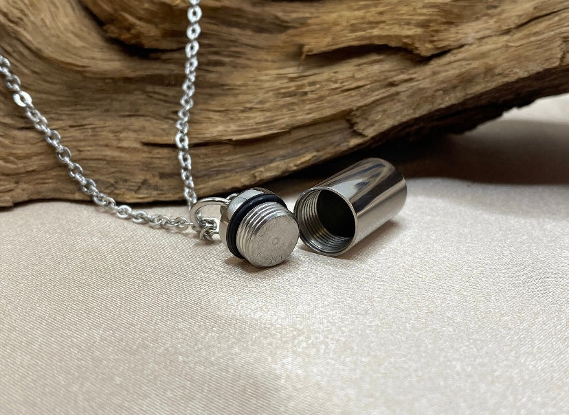 Small Cylinder Urn Necklace - Pet Urn or Memorial Jewelry - Engravable to Hold Human Ashes or Pet Ashes