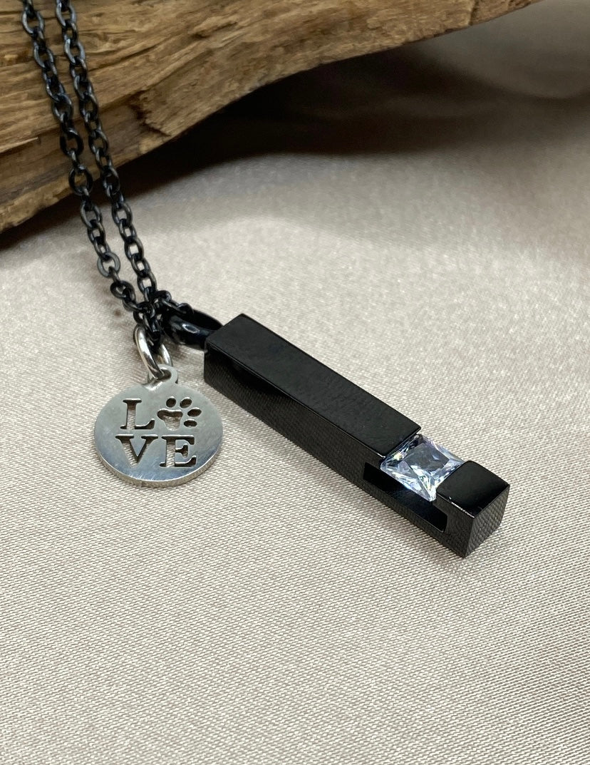 Black Bar Cremation Necklace with Rhinestone – Pet Memorial Urn Jewelry with Paw Print “Love” Charm