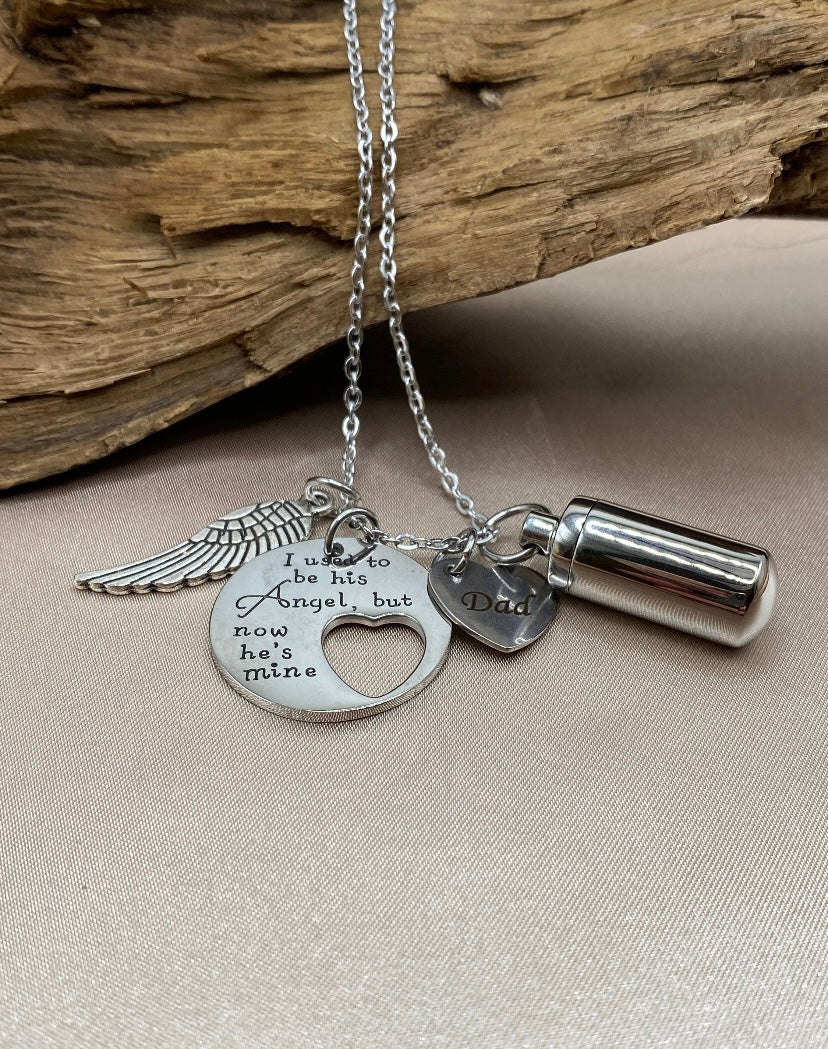 Cylinder Urn Necklace for Dad – “I Used to Be His Angel But Now He’s Mine” Charm with Engraved Angel Wing, Loss of Father Cremation Jewelry