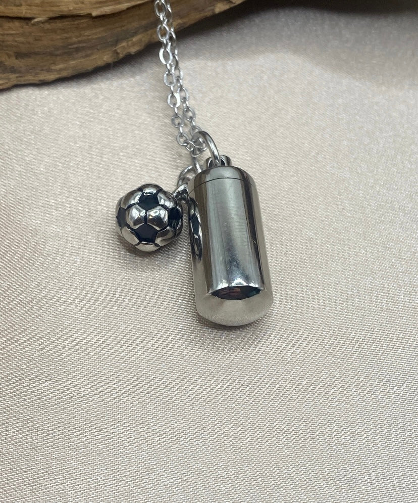 Cylinder Urn Necklace – Soccer Ball Charm Memorial Jewelry for Ashes