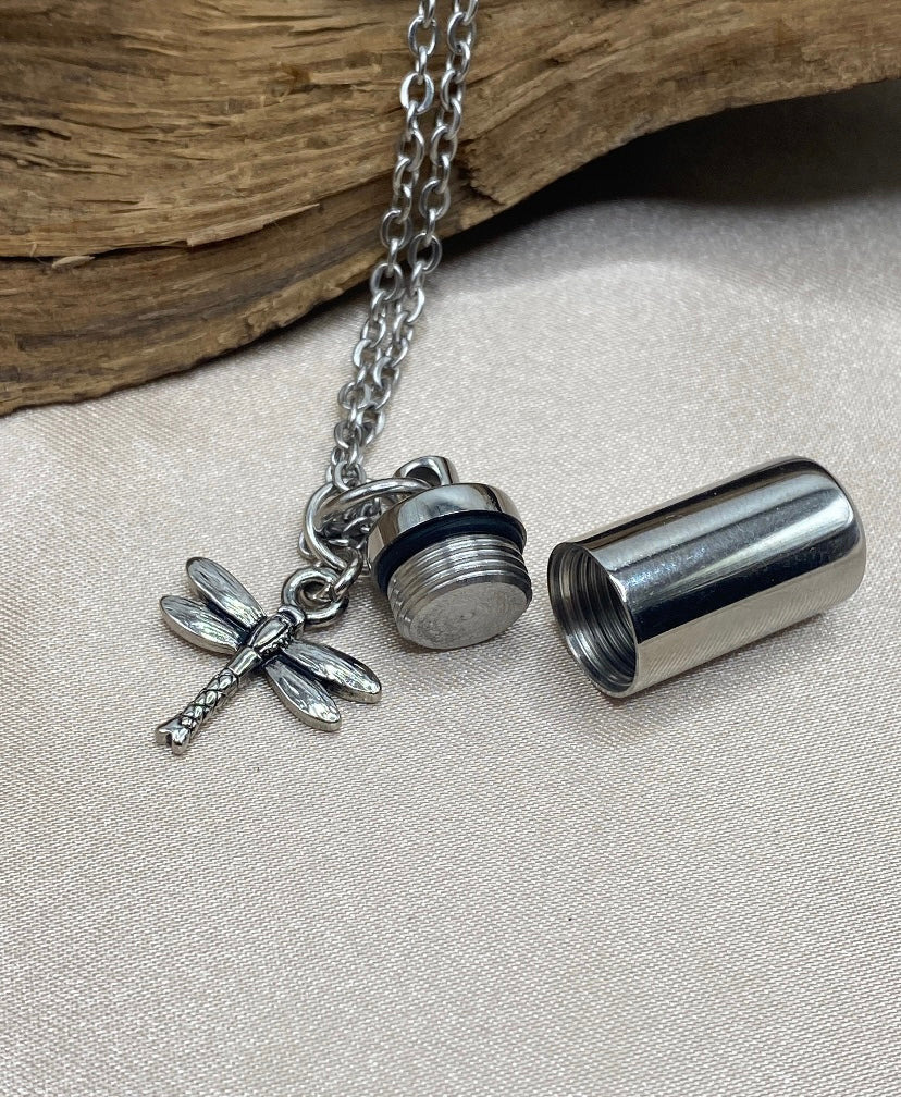 Silver Cylinder Urn Necklace – Dragonfly Charm Memorial Jewelry for Women
