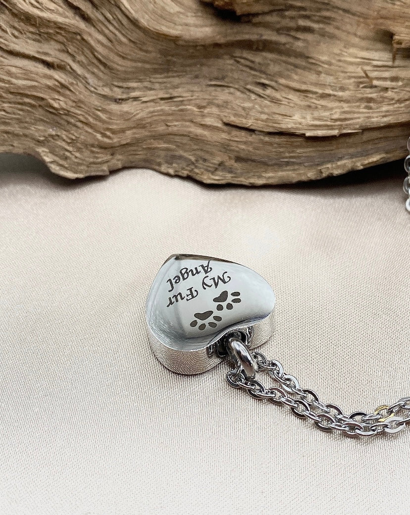 Personalized Heart Shaped Pet Cremation Locket – Engraved Paw Print & “My Fur Angel” Memorial Necklace