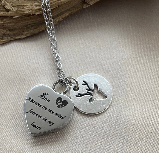 Heart Urn Necklace for Son – Deer Charm Memorial Jewelry for Hunters