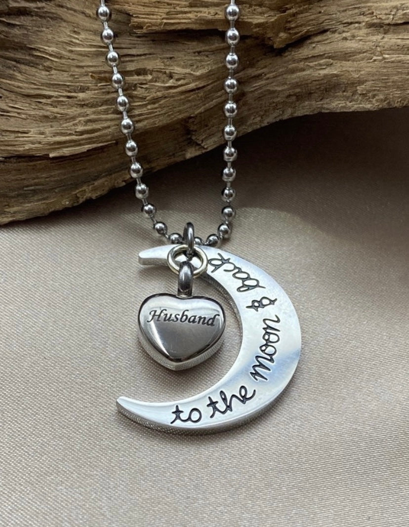 Heart & Crescent Moon Cremation Necklace – “Husband” Engraving with “I Love You to the Moon and Back” Charm, Memorial Jewelry for Loss of Husband