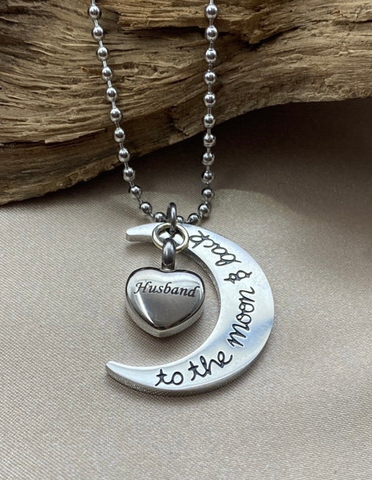 Heart & Crescent Moon Cremation Necklace – “Husband” Engraving with “I Love You to the Moon and Back” Charm, Memorial Jewelry for Loss of Husband