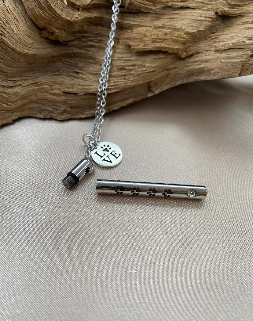 Pet Cremation Necklace – Cylinder Ash Holder with Engraved Paw Print & “Love” Charm, Memorial Jewelry for Pet Loss