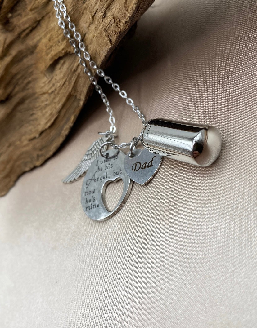 Cylinder Urn Necklace for Dad – “I Used to Be His Angel But Now He’s Mine” Charm with Engraved Angel Wing, Loss of Father Cremation Jewelry